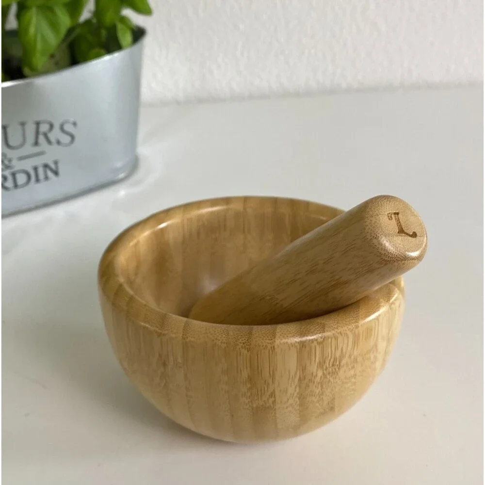 Loisa Bamboo Mortar & Pestle Set Garlic Pepper Press Grinder Crusher for Kitchen